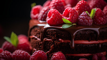 Chocolate cake with raspberries and mint on a dark backgroundの素材