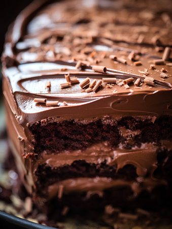 Chocolate cake with cream and chocolate chips. Selective focus. Toned.の素材