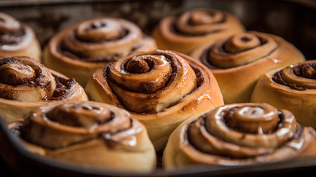 Freshly baked cinnamon buns on a baking tray. Selective focus.の素材