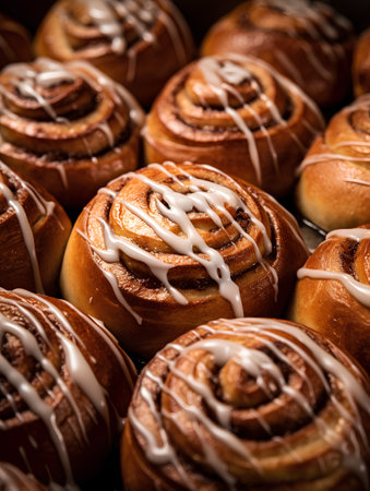 Freshly baked cinnamon rolls with glaze. Selective focus. Toned.の素材