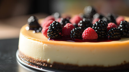 Cheesecake with blackberries and raspberries, selective focusの素材