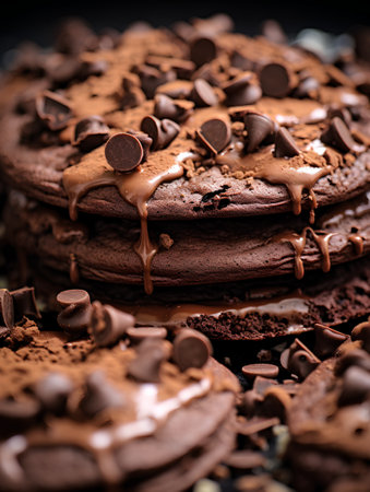 Chocolate cake with chocolate chips and cocoa powder. Selective focus. Toned.の素材