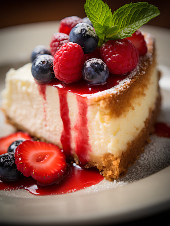 Cheesecake with fresh berries on a plate. Toned.の素材