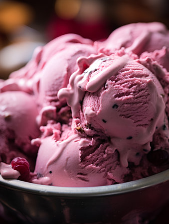 Scoops of raspberry ice cream in a bowl. Selective focus.の素材