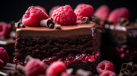 Chocolate cake with raspberries on a black background. Selective focus.の素材