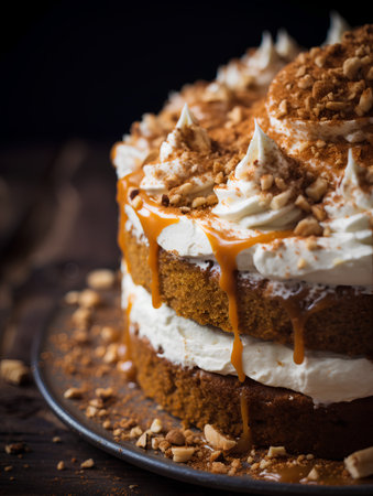 Coffee cake with whipped cream and caramel on a dark wooden backgroundの素材