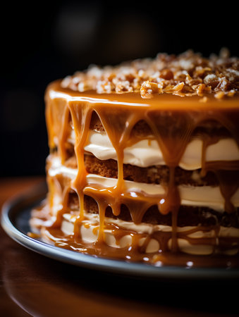 Caramel cake with caramel sauce on a wooden background. Selective focus.の素材
