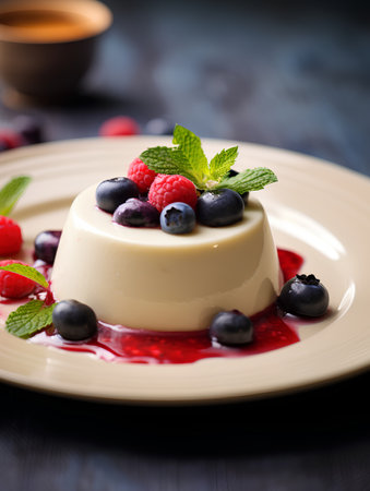 Panna cotta with fresh berries and mint, selective focus.の素材