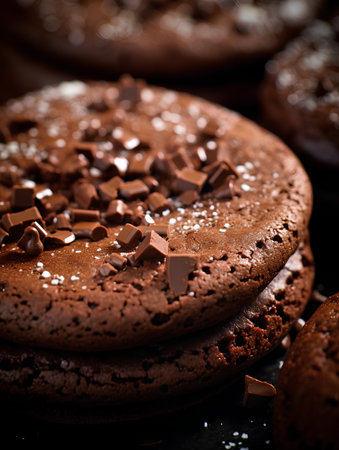 Chocolate cookies with chocolate chips on a black background. Toned.の素材
