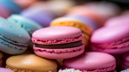 Colorful macaroons in a row, close-up.の素材