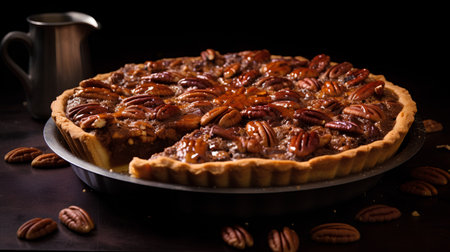 Pecan pie with pecan nuts on a dark background.の素材