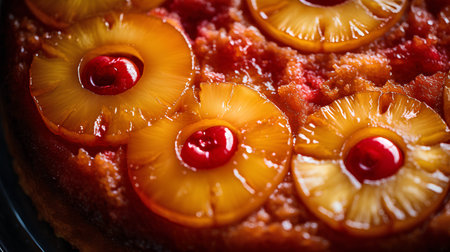 Pineapple cake with cherries, close up. Toned.の素材