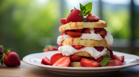 Strawberry cake with whipped cream and fresh strawberries on a plateの素材