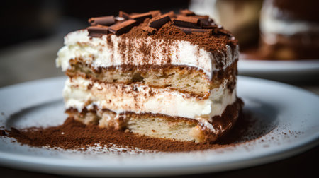 Tiramisu cake with chocolate on a plate. Toned.の素材