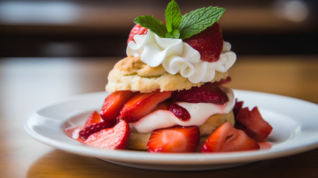 Strawberry scone with whipped cream and fresh strawberries on wooden tableの素材