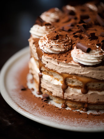 Tiramisu cake with whipped cream and chocolate, selective focusの素材