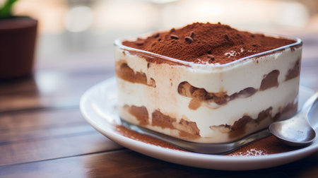 Classic tiramisu dessert in a glass cup on wooden table.の素材