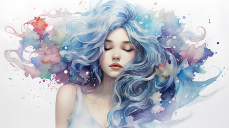 Beautiful girl with blue hair and abstract watercolor splash. Vector illustration.の素材