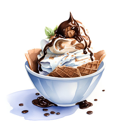 watercolor ice cream with whipped cream and chocolate in a blue bowlの素材