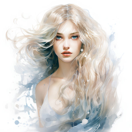 Watercolor portrait of a beautiful blonde girl with long curly hair.の素材