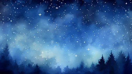 Watercolor winter landscape with forest and starry sky. Hand drawn illustration.の素材