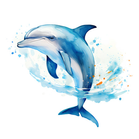 Watercolor illustration of a dolphin on a white background with splashesの素材