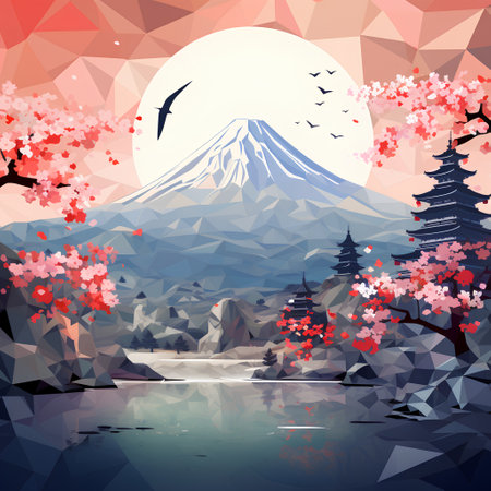 Mt. Fuji and cherry blossom, Japan vector illustration.の素材