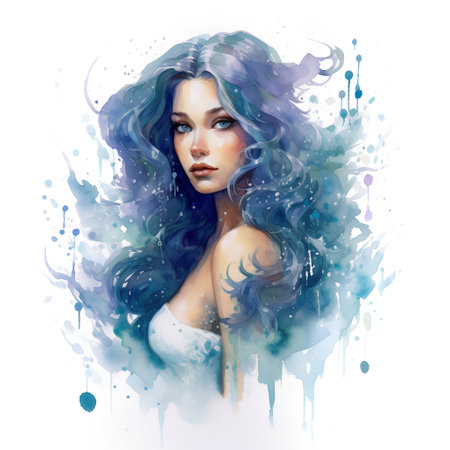 Watercolor portrait of beautiful girl with long curly hair. Vector illustration.の素材