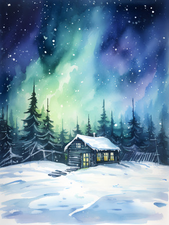 Winter landscape with a wooden house in the forest. Watercolor paintingの素材