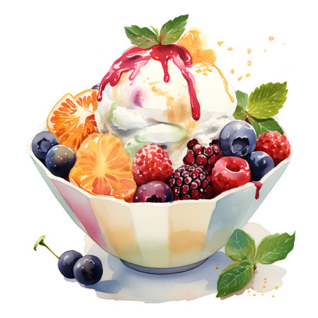 Ice cream with berries and fruits in a bowl. Watercolor illustrationの素材