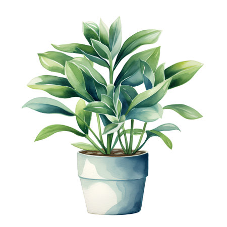 Watercolor potted houseplant isolated on white background. Hand drawn illustration.の素材