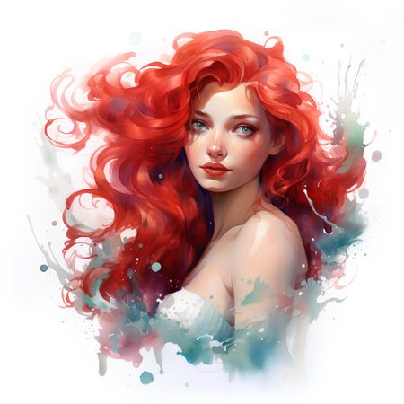 Portrait of a beautiful woman with red hair and colorful watercolor splashes.の素材