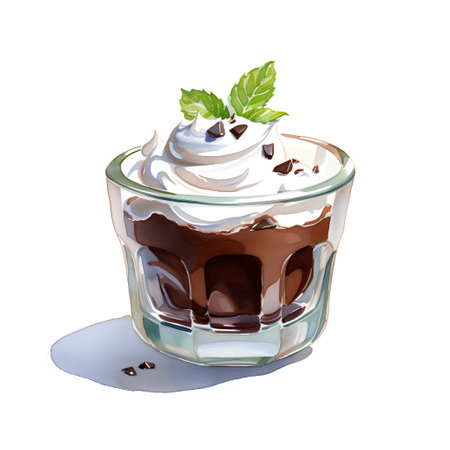 Chocolate pudding with whipped cream and mint leaves in a glass.の素材