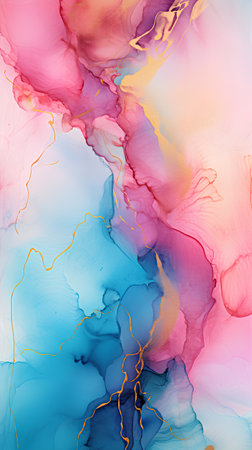 Abstract hand painted alcohol ink background. Blue, pink and gold colors.の素材