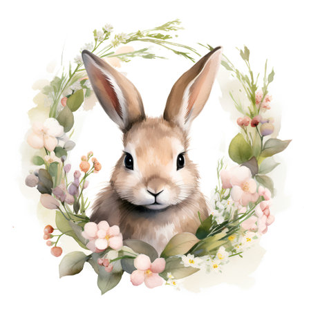 Watercolor Easter bunny with floral wreath. Watercolor illustration.の素材