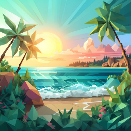 Tropical beach with palm trees, rocks, sea and sunset. Vector illustrationの素材