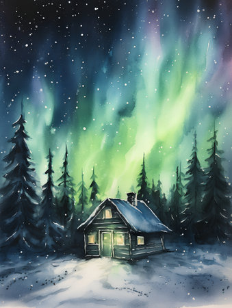 Winter landscape with wooden house in the forest. Watercolor painting.の素材