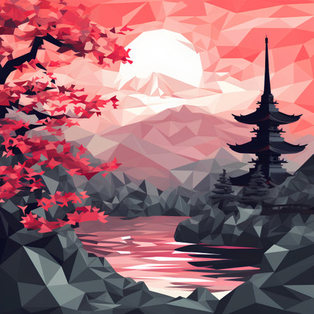 Silhouette of pagoda and lake in Japan, vector illustrationの素材