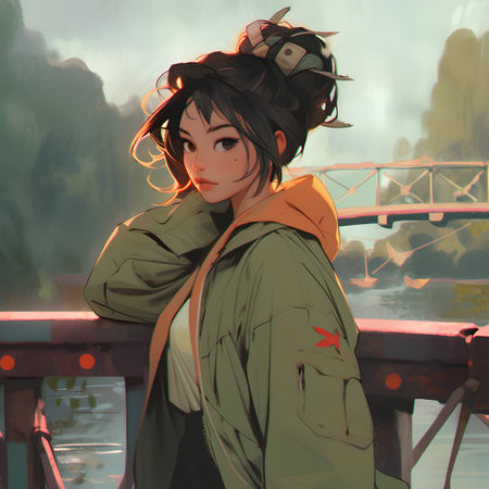 Fashionable girl in a green coat on the background of the bridgeの素材