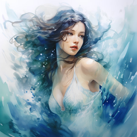 Beautiful girl with long hair and blue watercolor splashes.の素材