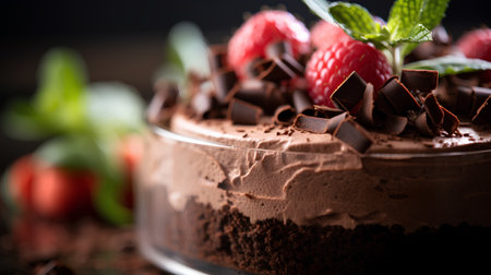 Chocolate mousse cake with raspberries and mint. Selective focusの素材