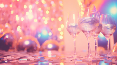 Glasses of champagne with bokeh background. Christmas or New Year party.の素材