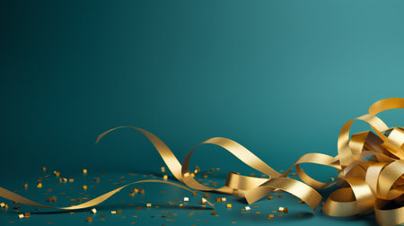 Shiny satin ribbon and golden confetti on blue background. Festive decoration. 3d renderの素材