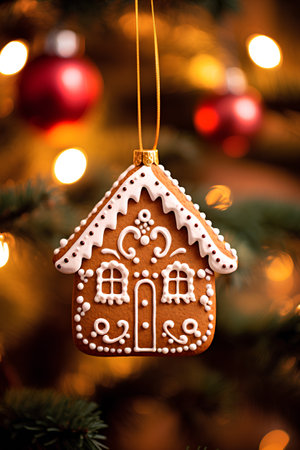 Gingerbread house on a background of Christmas tree and bokehの素材