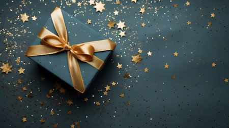 Gift box with golden bow on blue background with confetti.の素材