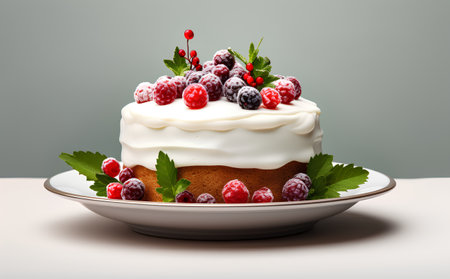 Cake with cream and berries on a gray background. 3d renderingの素材