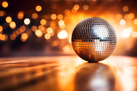 disco ball on a wooden floor with bokeh lights backgroundの素材