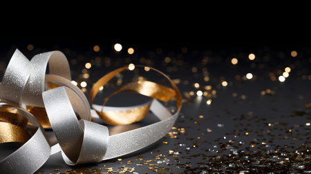 Golden and silver ribbons on a black background with bokehの素材
