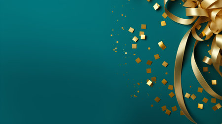 Elegant green background with golden bow and confetti. Vector illustration.の素材