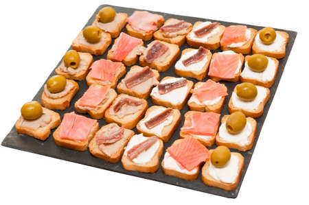 toasts with pate, cheese, salmonの写真素材